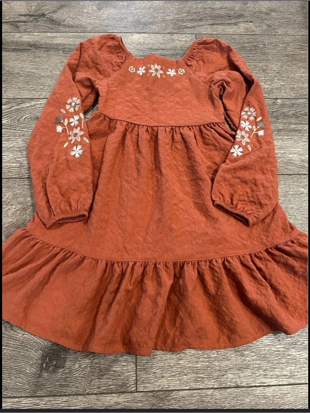Girls Rust Floral-Embroidered Long-Sleeve Casual Dress